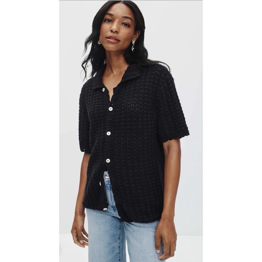 Dunst Black Crochet Collared Cardigan Short Sleeve Knit Shirt Button Up Top M L
